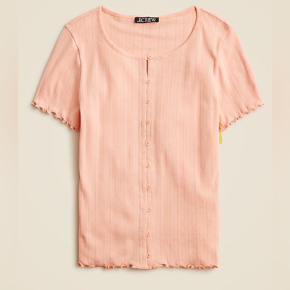 J.Crew Pointelle Short Sleeve Knit Cardigan Buttons Lettuce Trim Dainty Peach L - Picture 1 of 8